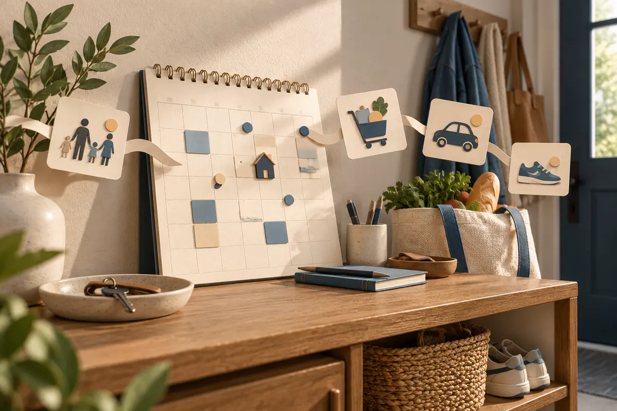 A welcoming family entryway desk with a shared calendar, tiny house, shopping tote and appointment cards linked by a paper ribbon, coordinating everyday life.