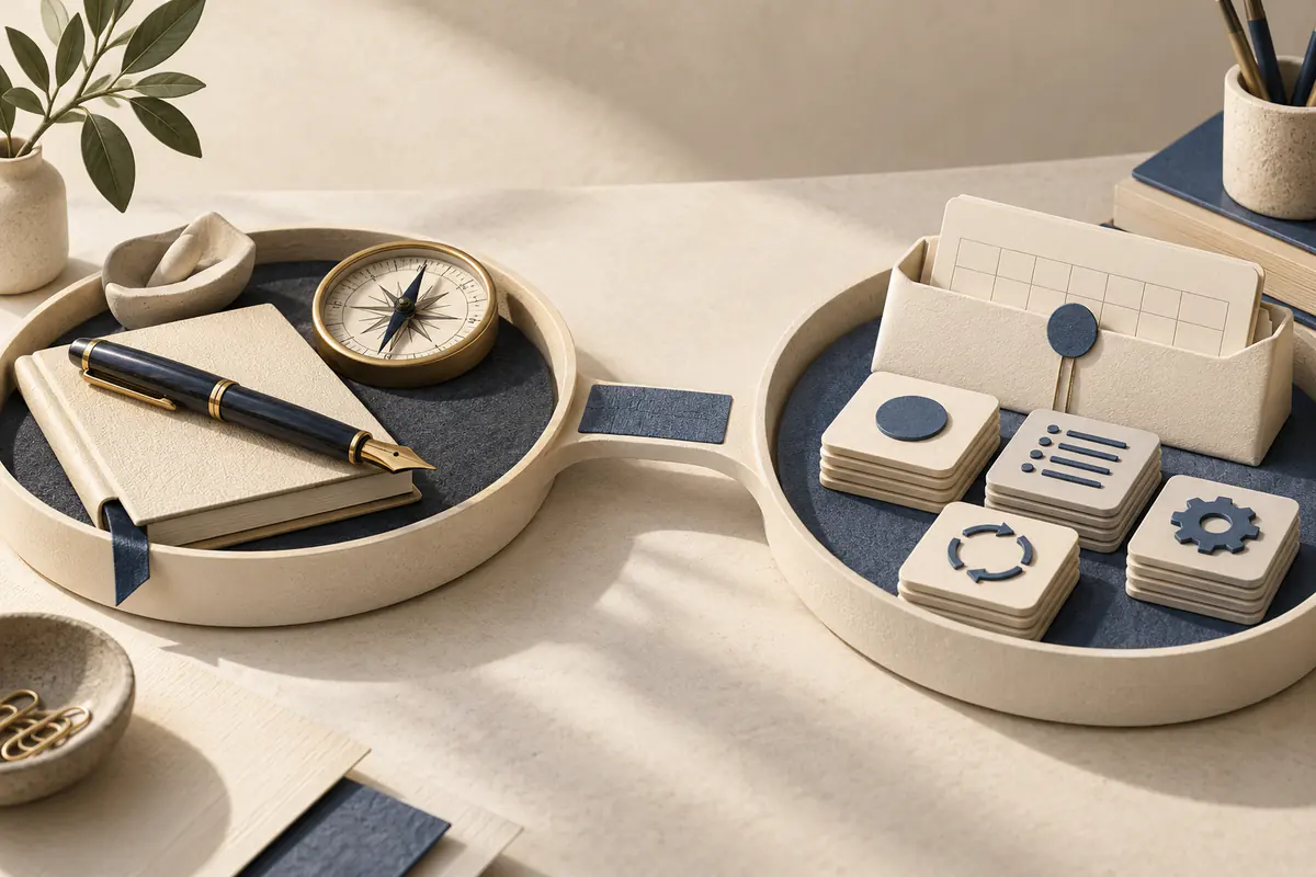 Two complementary desk trays connected by a narrow bridge: one holding a personal fountain pen and judgment compass, the other holding calendar envelope and repetitive task tiles, thoughtful division of assistant work.