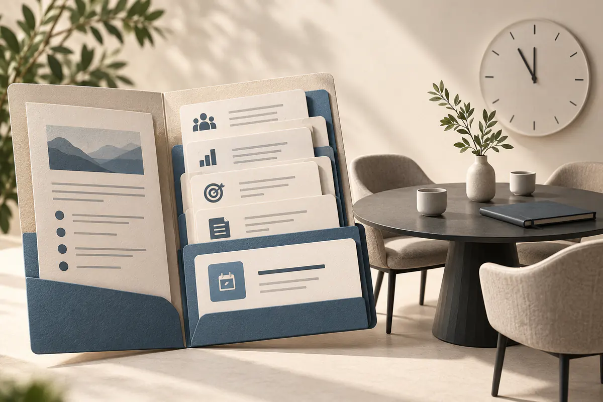 A concise meeting briefing folder opening beside a small round meeting table, layered context cards and a highlighted appointment tile, all prepared before the clock reaches meeting time.