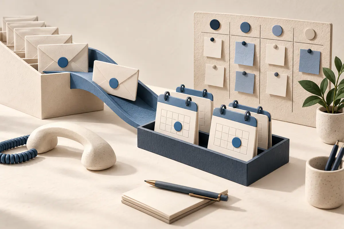 A sales pipeline of prospect envelopes flowing into confirmed calendar appointment cards, a small ceramic phone and orderly team planning board beside them.