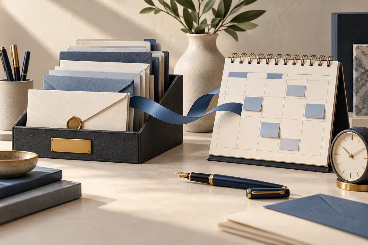 An executive office desk organizer with formal envelopes and a weekly calendar linked by a blue ribbon, a fountain pen and a small clock, professional inbox workflow without logos.