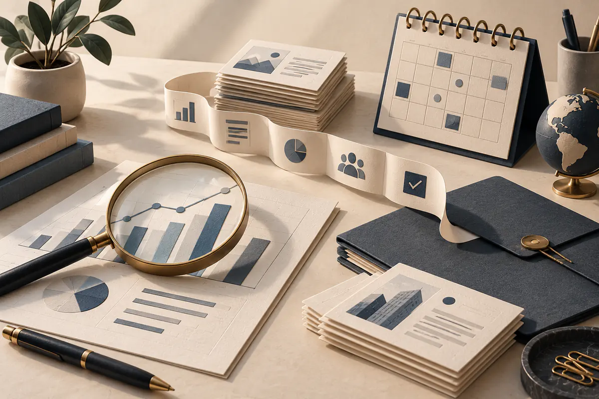 A polished investment research desk with a magnifying glass over an abstract chart, a portfolio folder, meeting calendar and stacked briefing cards connected by a paper ribbon.