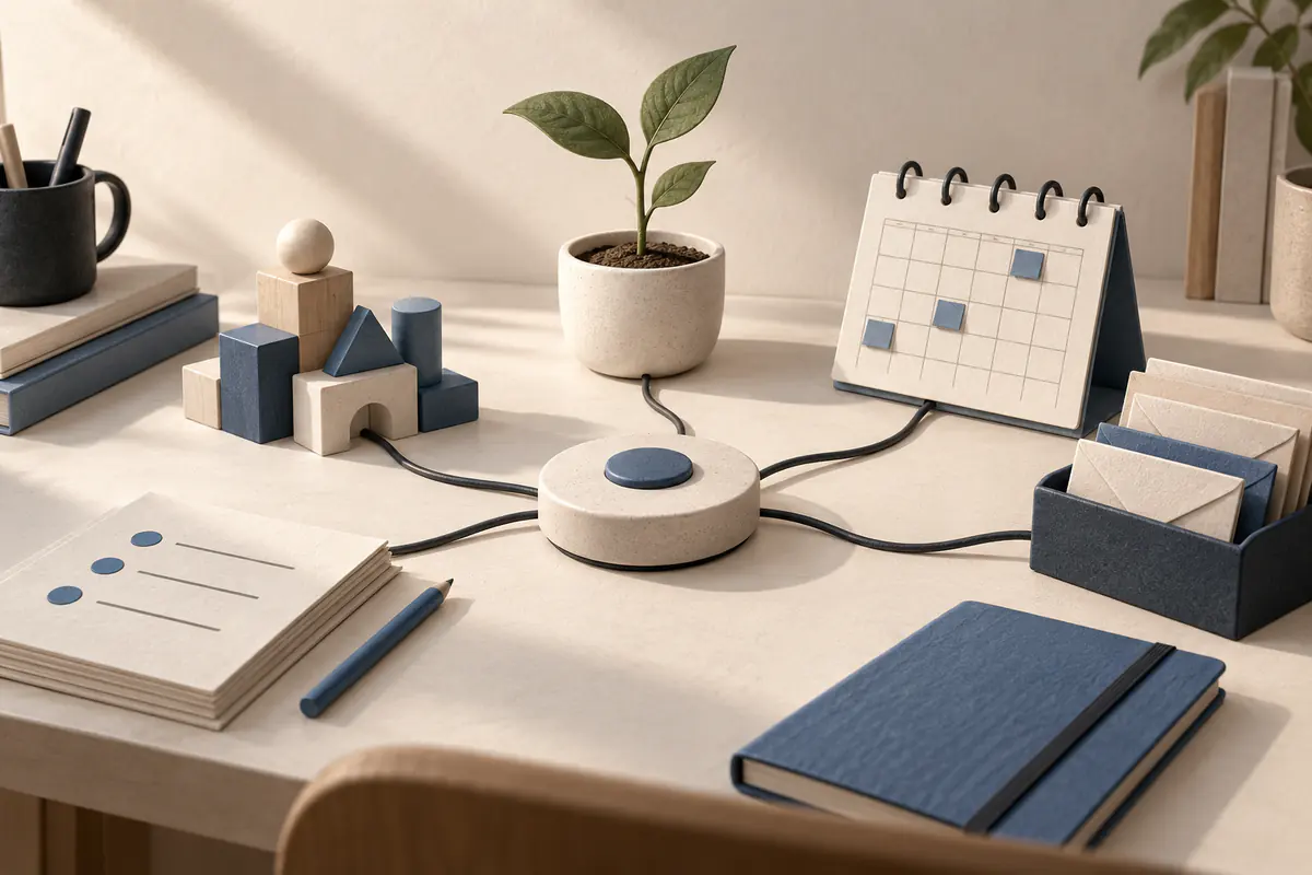 A startup founder's small desk with a growing seedling, prototype blocks, appointment calendar and correspondence envelopes organized by a central task hub.