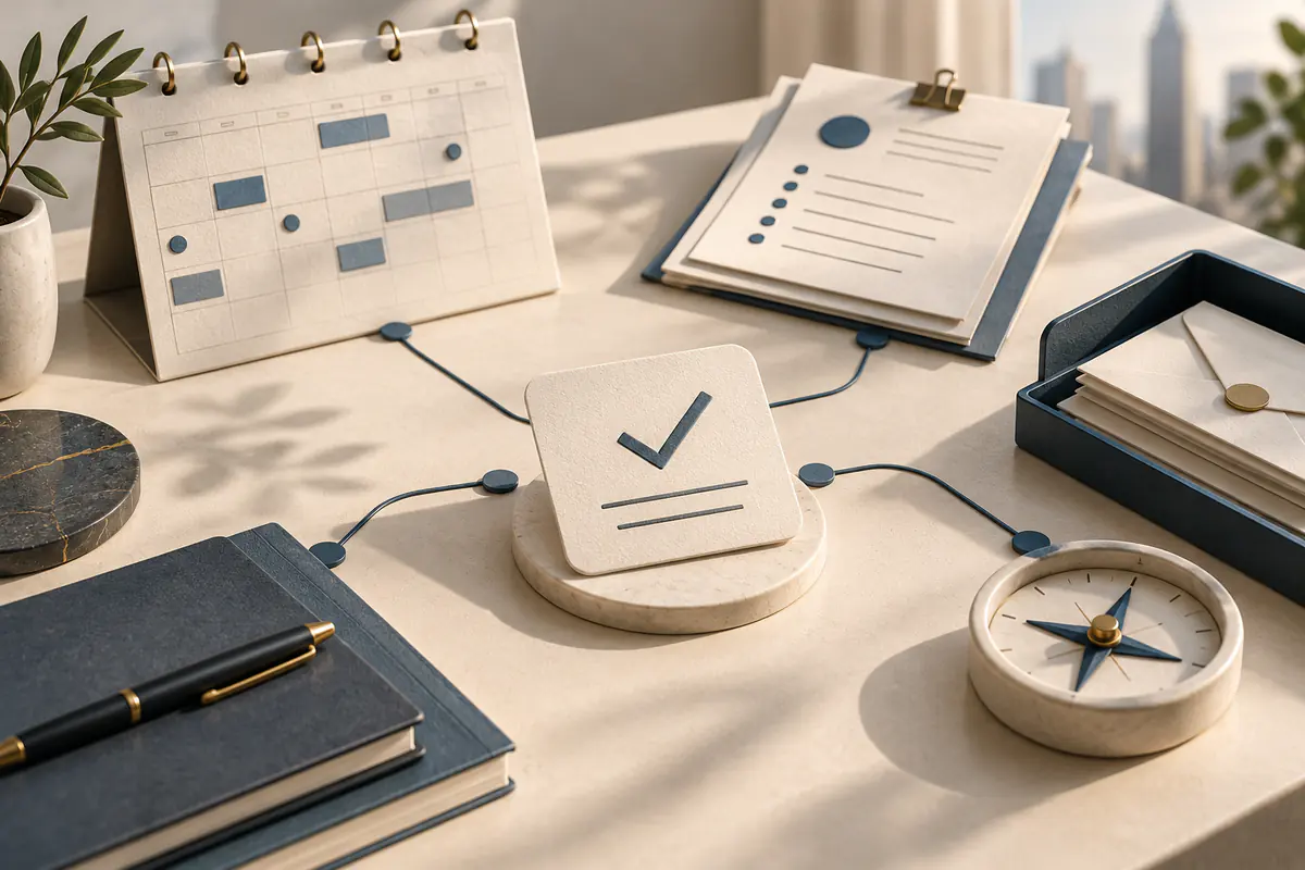 An executive desk with a sharply organized calendar, priority brief, envelope tray and small ceramic compass, all connected around a central checked task card.