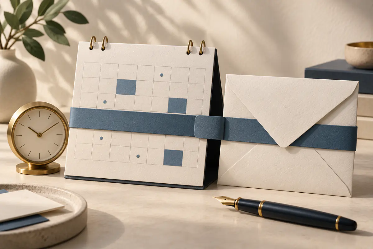 A professional paper calendar and formal envelope joined by a precise slate-blue appointment ribbon beside a small brass clock and a fountain pen, enterprise scheduling without product logos.