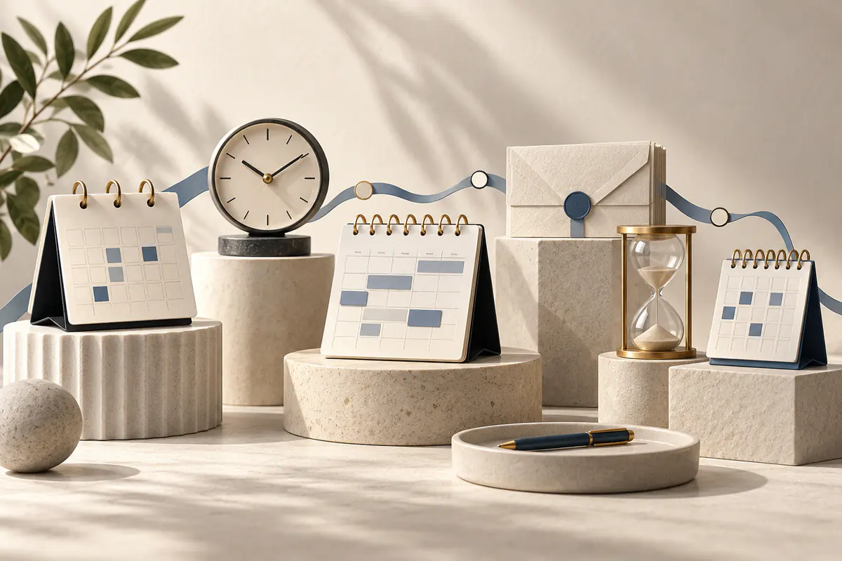 A curated row of distinct tabletop calendars clocks and meeting envelopes on elegant ceramic plinths, a subtle connected appointment ribbon expressing comparison of scheduling assistants.