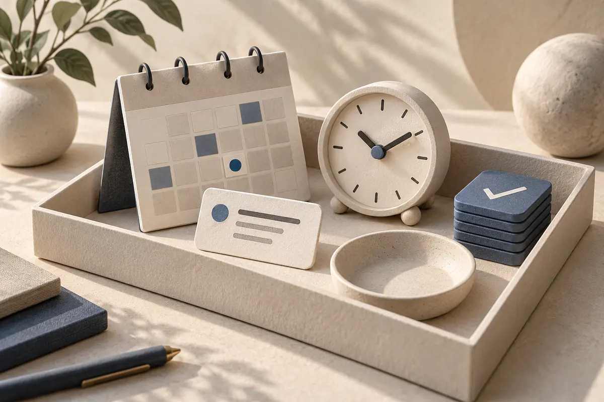 An open shallow gift tray holding a small calendar clock and appointment tile, an empty coin dish and a modest bounded stack of task tokens showing free scheduling allowance.