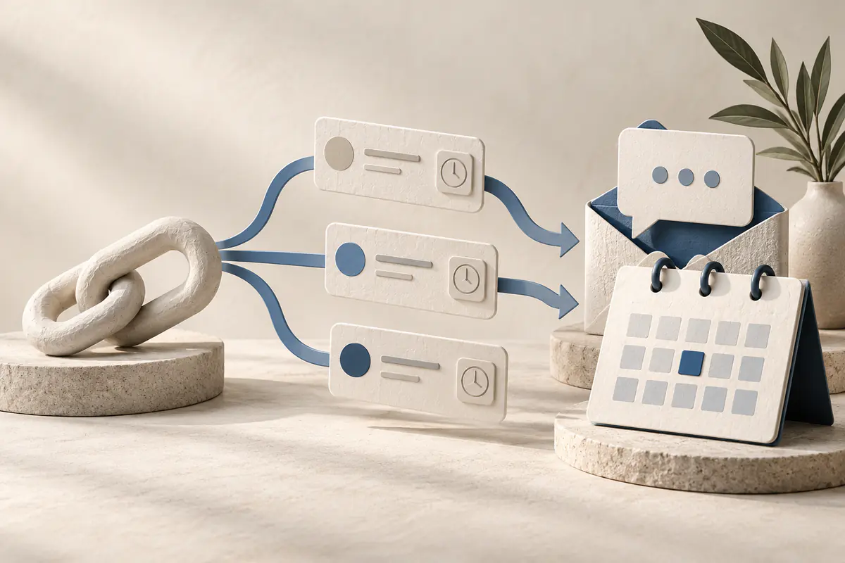 A branching set of appointment cards leading from a plain booking-link chain sculpture toward a conversational envelope and calendar, alternative approaches to scheduling.