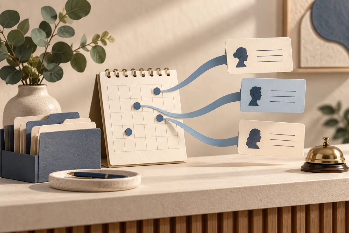 A welcoming small professional reception desk with a tiny appointment calendar, client folders and a bell, clear paper ribbons connecting available time slots to booking cards.