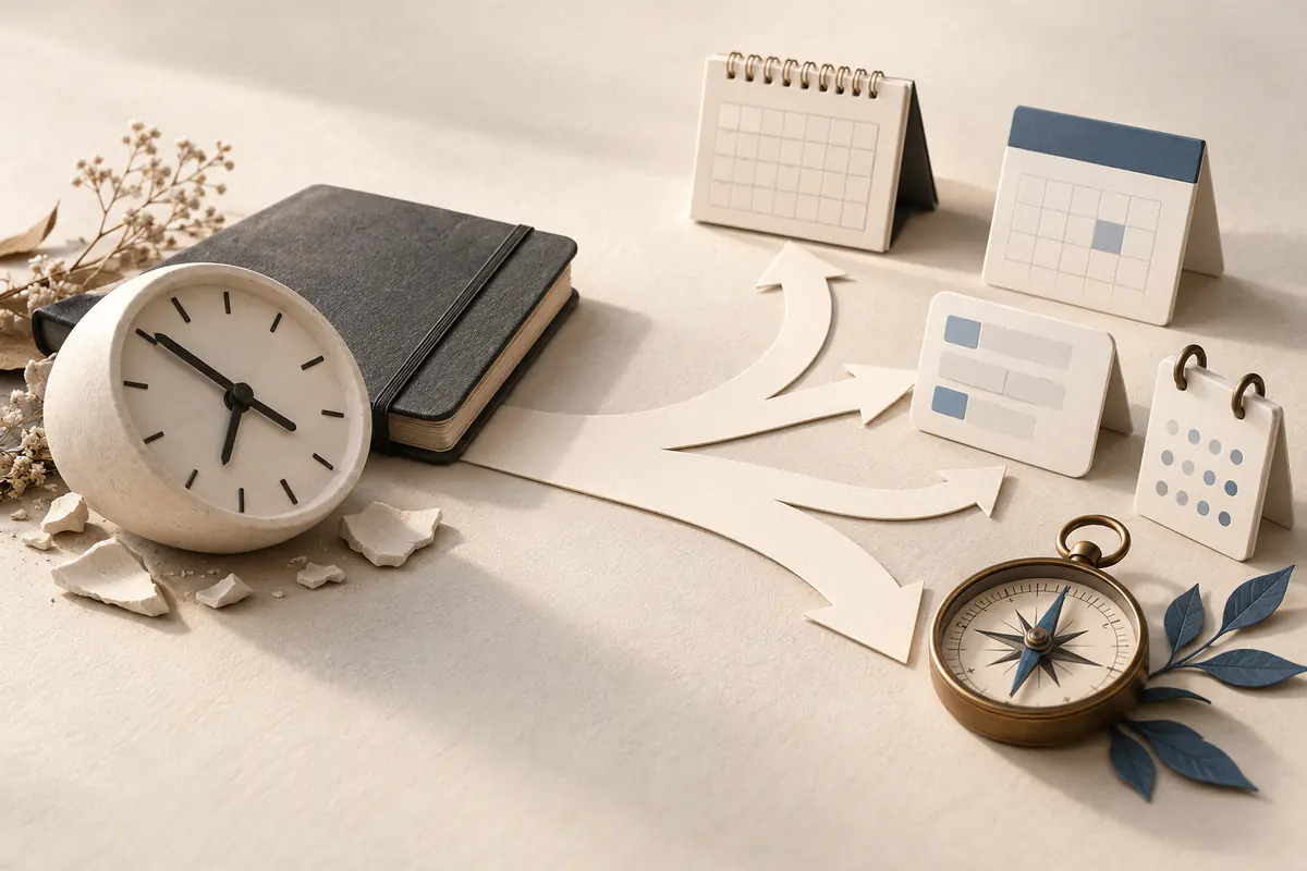 An inactive ceramic clock lying gently beside a closed calendar notebook, with a clear paper path branching toward several fresh working calendar tools and a compass, moving from retired scheduling tool to alternatives.