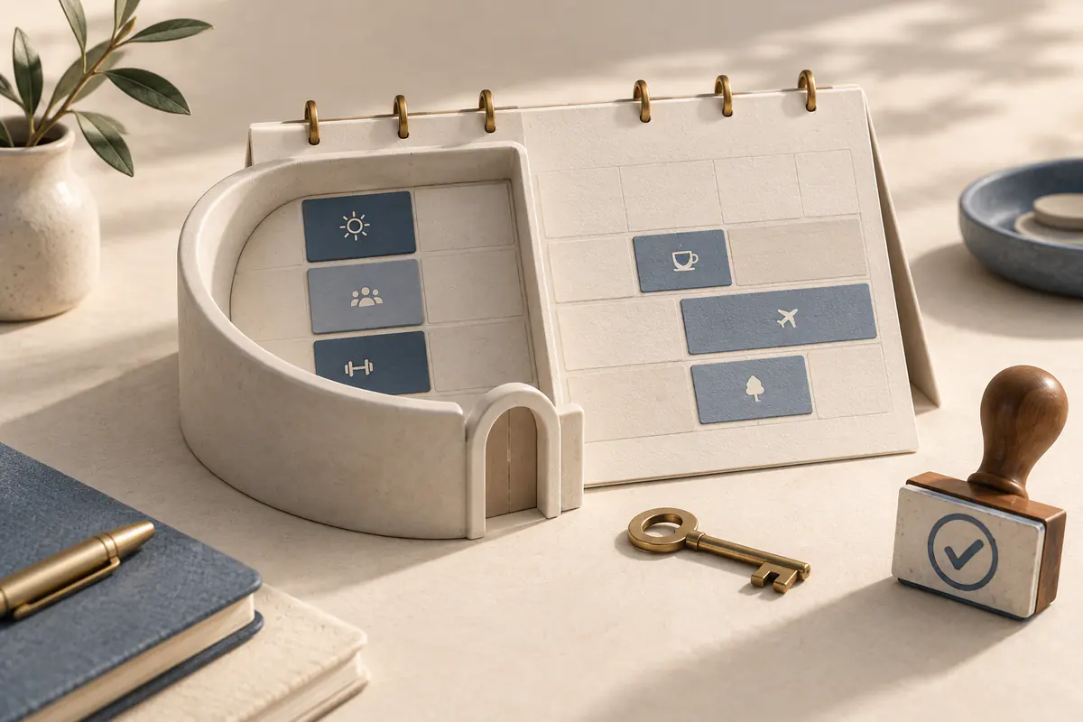 A tabletop calendar partly within a ceramic guardrail and partly open, a small key and approval stamp beside highlighted appointment tiles, safe delegation of calendar responsibility.