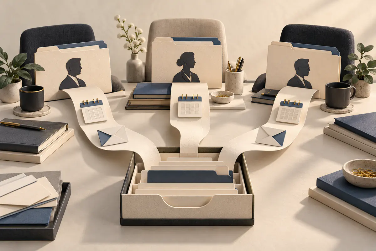 Three executive planners and priority folders arranged around one central coordination tray, with paper ribbons routing calendar and envelope tasks to each, a structured multi-executive playbook.