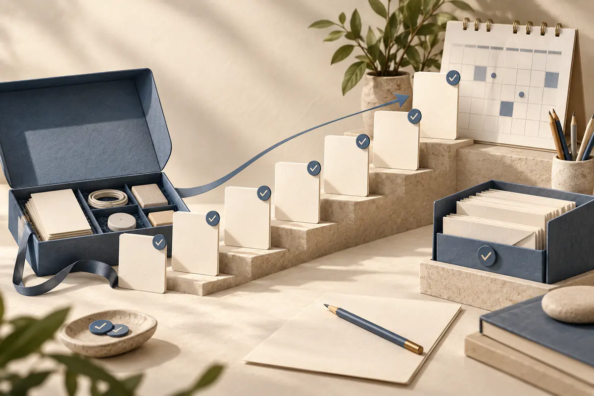 A seven-step staircase of blank daily task cards moving from a closed setup kit to an organized calendar and inbox, with a pencil and small check seals, first-week onboarding.