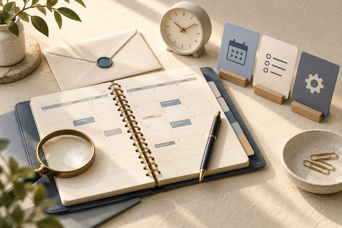 A tidy appointment notebook with envelope, small clock, magnifying glass and a few alternative tool cards laid beside it, a neutral detailed scheduling-product review.