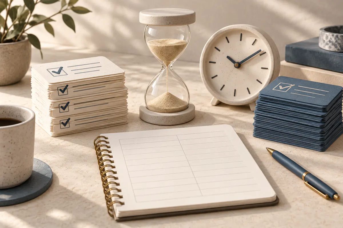 Two neat stacks of completed task cards flanking a sand timer and a blank time-tracking notebook, a ceramic clock showing the idea of measuring time saved over a trial period.