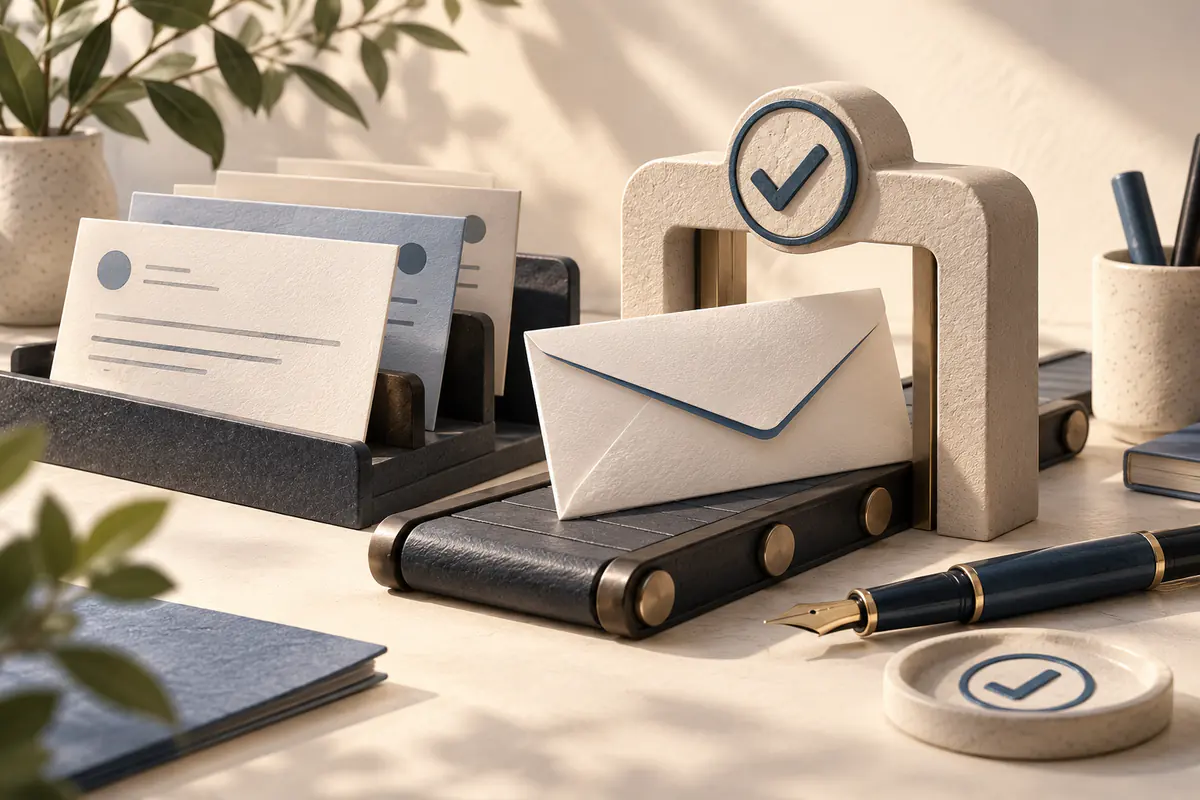 An outgoing envelope paused at a small approval gate with a check-mark stamp and fountain pen, several polished draft cards behind it, careful email on someone's behalf.