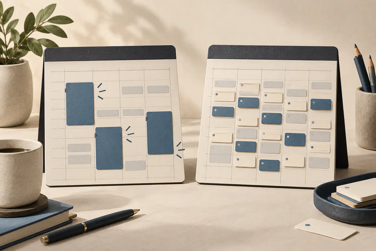 Two equally weighted calendar planners side by side, one with protected focus-time blocks and the other with a sequence of task cards fitting into appointment slots, comparing calendar strategies.