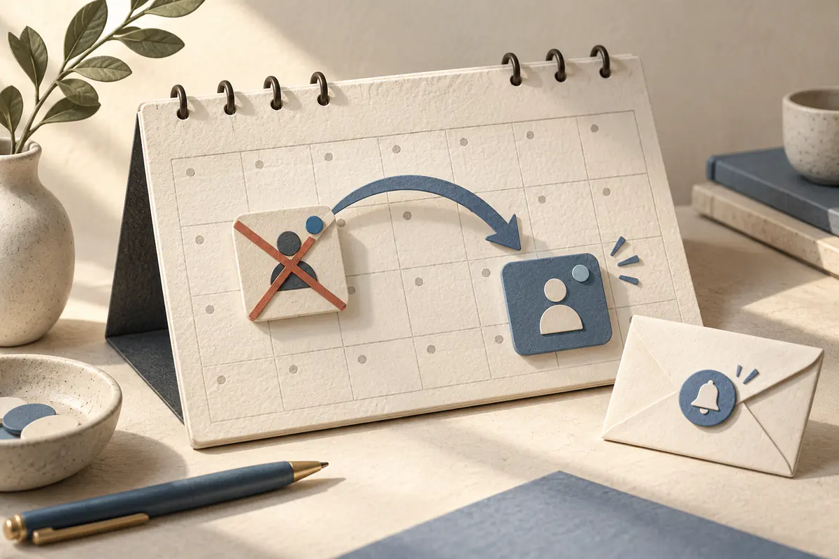 A physical calendar with a highlighted appointment tile moving along a curved arrow to another day, a second softly crossed-out tile and an envelope notification nearby, rescheduling and cancellation.