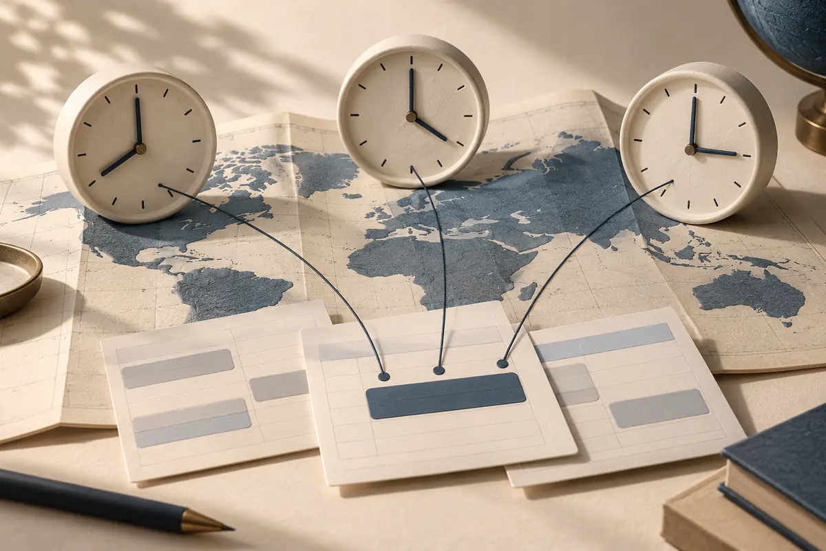 Three unnumbered ceramic clocks set to different times across a folded world map, with overlapping paper appointment windows converging at one highlighted meeting slot.
