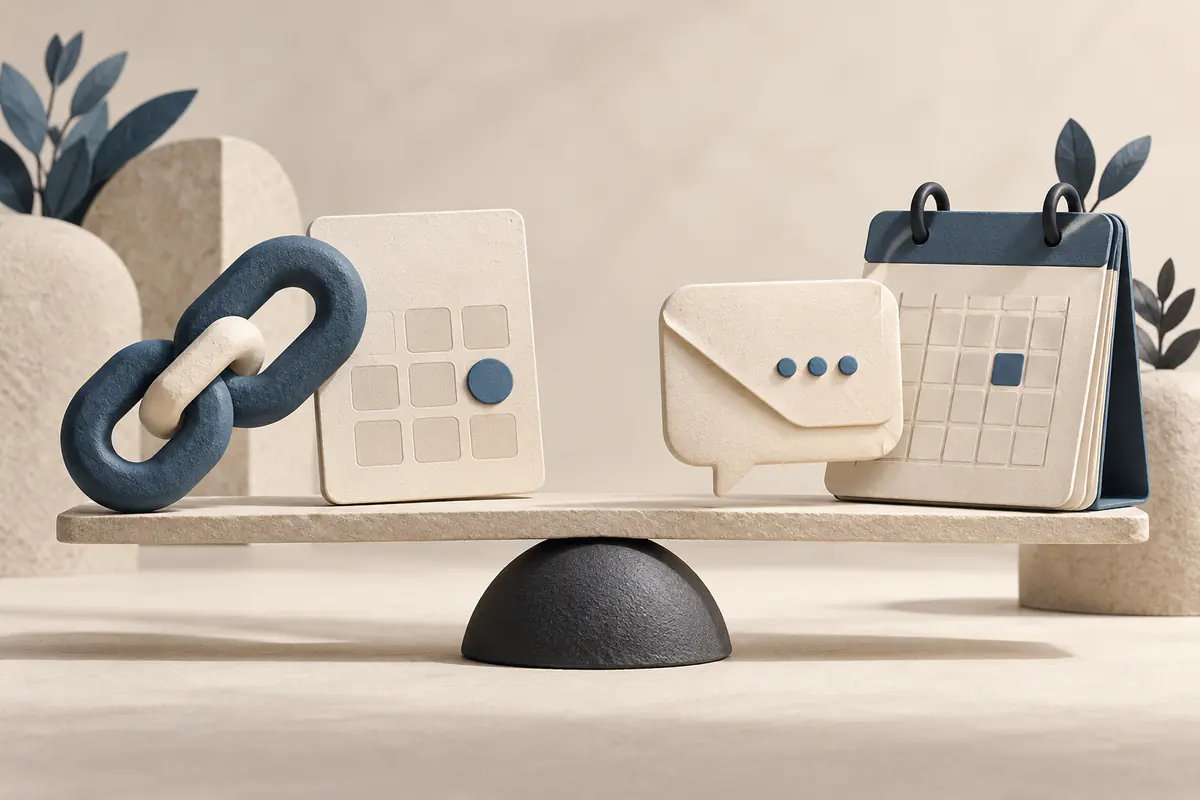 A sculpted chain link connected to a blank booking card beside a conversational envelope connected to a calendar, balanced side-by-side scheduling approaches in one scene.