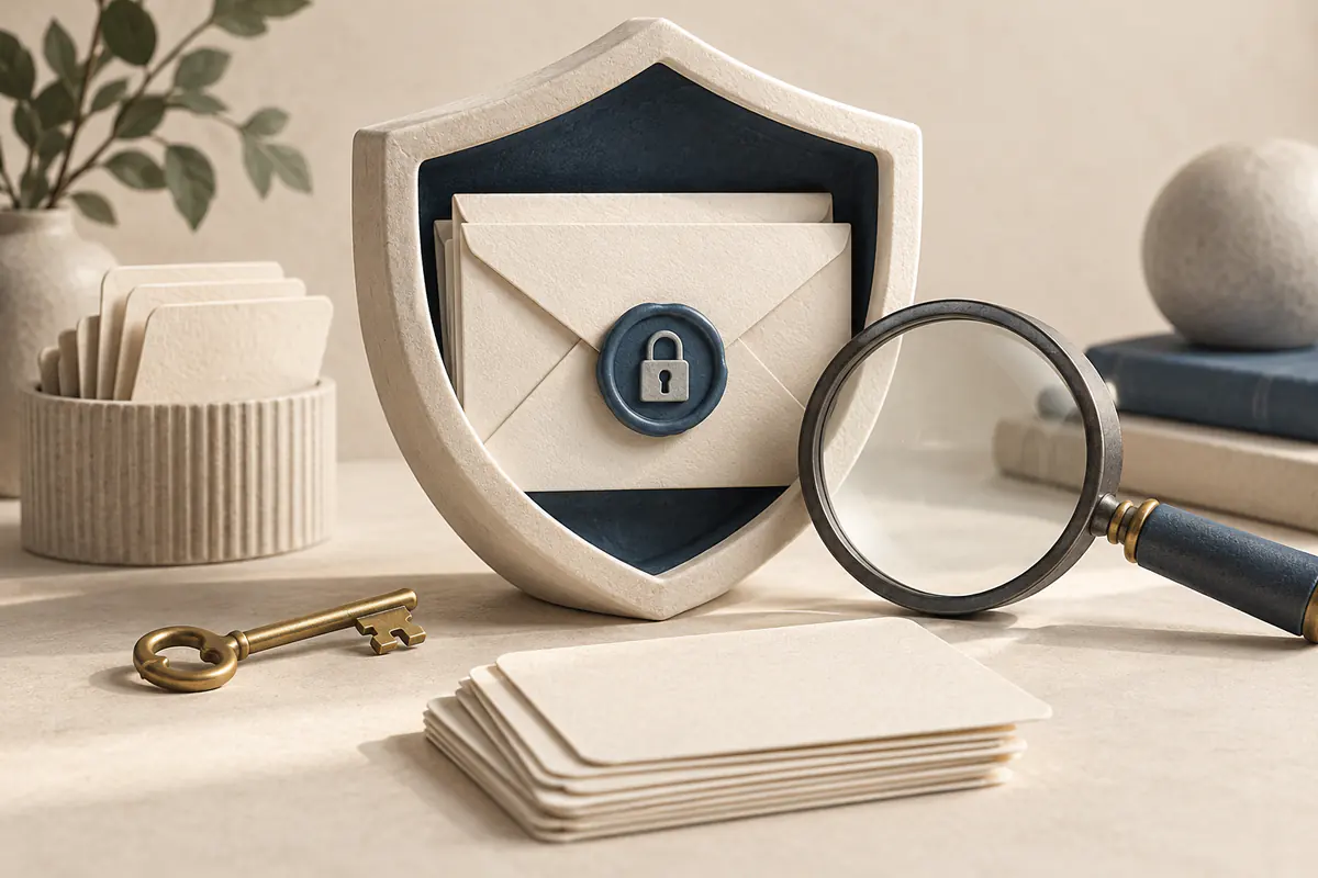 A protected envelope inside a sturdy ceramic shield beside a magnifying glass, a small key and a stack of blank security-question cards, thoughtful inbox access review.