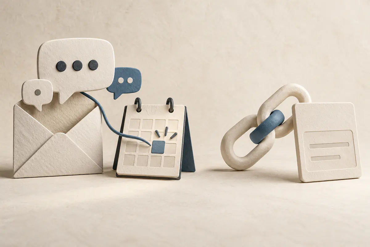 A conversational envelope linked to a highlighted calendar appointment on one side, and a simple ceramic chain link leading to a blank booking card on the other, assistant versus booking link.