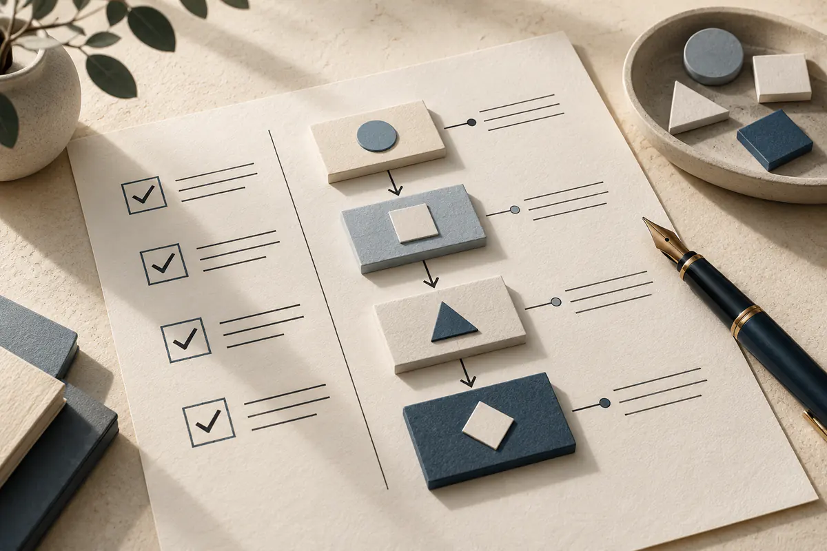 A precise instruction blueprint drawn only with abstract lines and check boxes, a fountain pen and modular task blocks aligning into an orderly sequence, clear directions that guide assistant work.